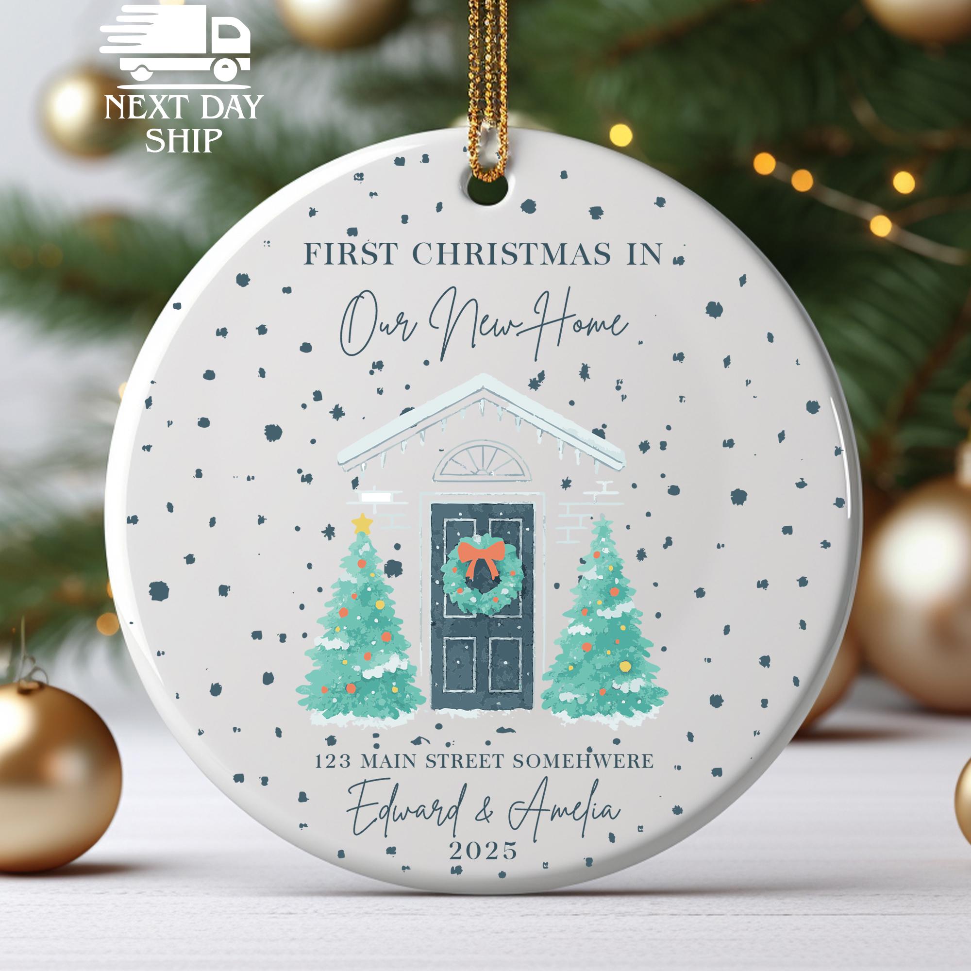 First Christmas in Our New Home Ornament, Personalized Housewarming Holiday Keepsake with Custom Address & Names, Cute Couple House Ornament