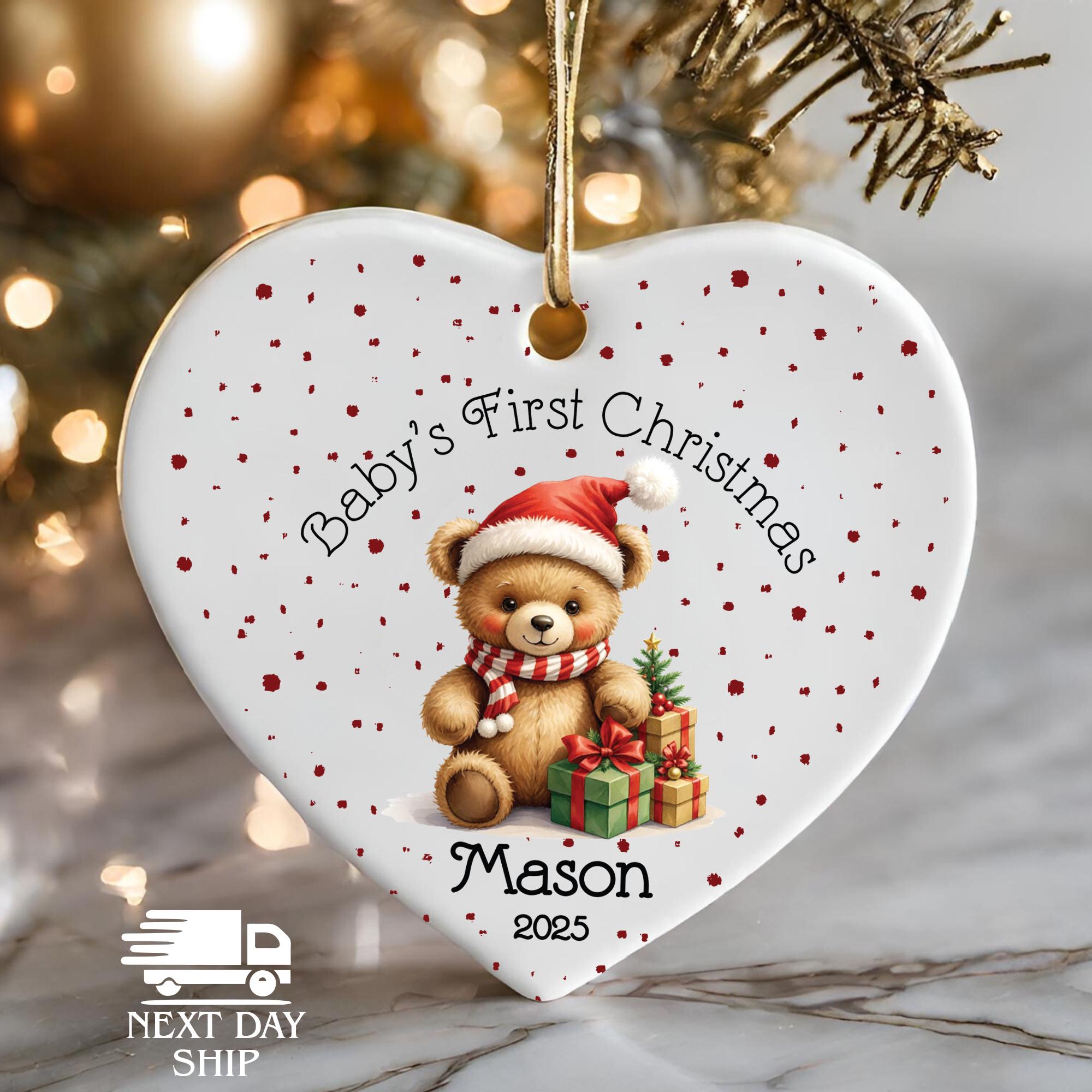 Custom Baby Bear Gift Ornament, Baby Name Ornament, Personalized First Christmas Ornament, Cute Teddy Keepsake, Baby Announcement Ornament