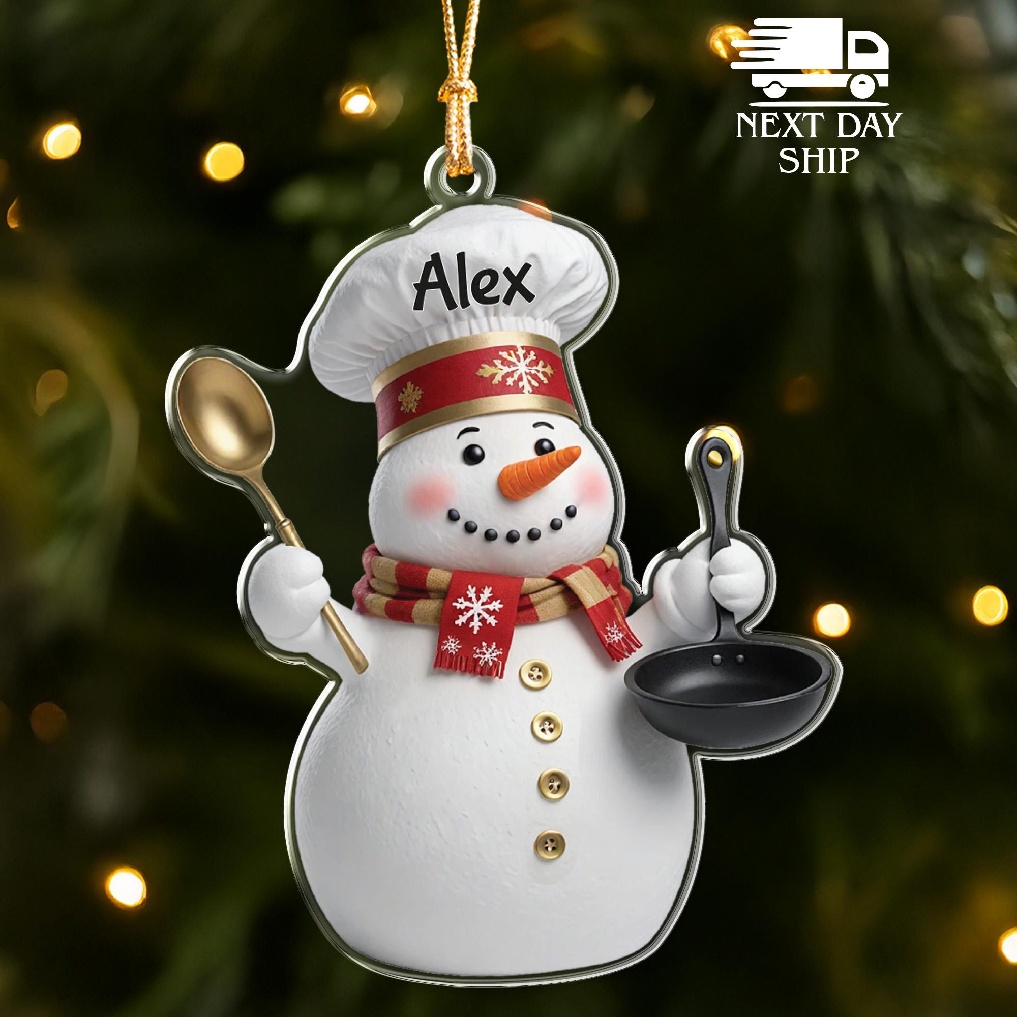 Funny Snowman Chef with Pan and Spoon Ornament, Acrylic Snowman Cooking Ornament, Cute Christmas Keepsake, Baker Kitchen Ornament for Cook