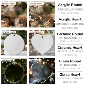 May include: A collection of six hanging ornaments in round and heart shapes made of clear acrylic, white ceramic, and faceted glass. Each item is labeled with its material and shape, including dimensions like 3 inches by 3 inches or 3 inches by 2.75 inches.