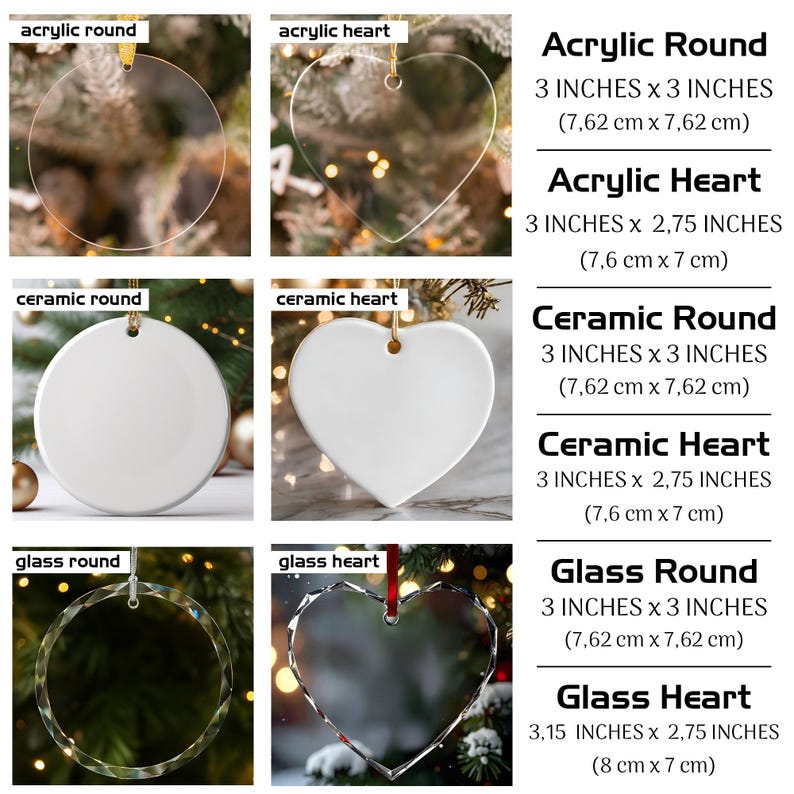 May include: A collection of six hanging ornaments in round and heart shapes made of clear acrylic, white ceramic, and faceted glass. Each item is labeled with its material and shape, including dimensions like 3 inches by 3 inches or 3 inches by 2.75 inches.