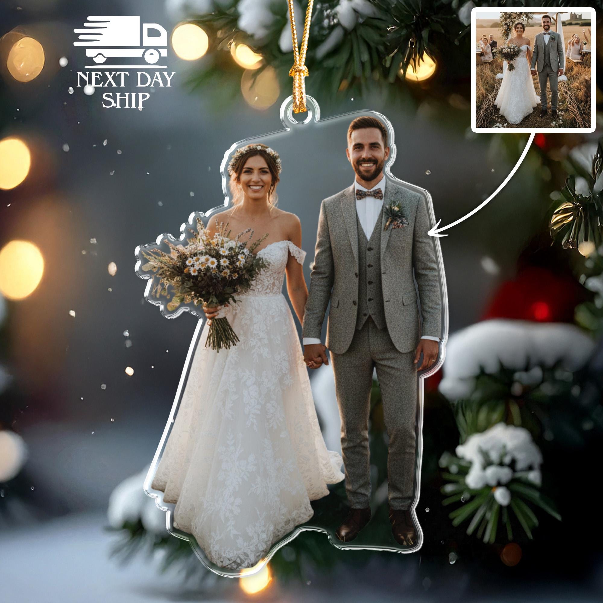 Custom Bride and Groom Ornament, Wedding Picture Ornament, Christmas Wedding Keepsake, Mr and Mrs Ornament, Newlywed Ornament, Wedding Photo