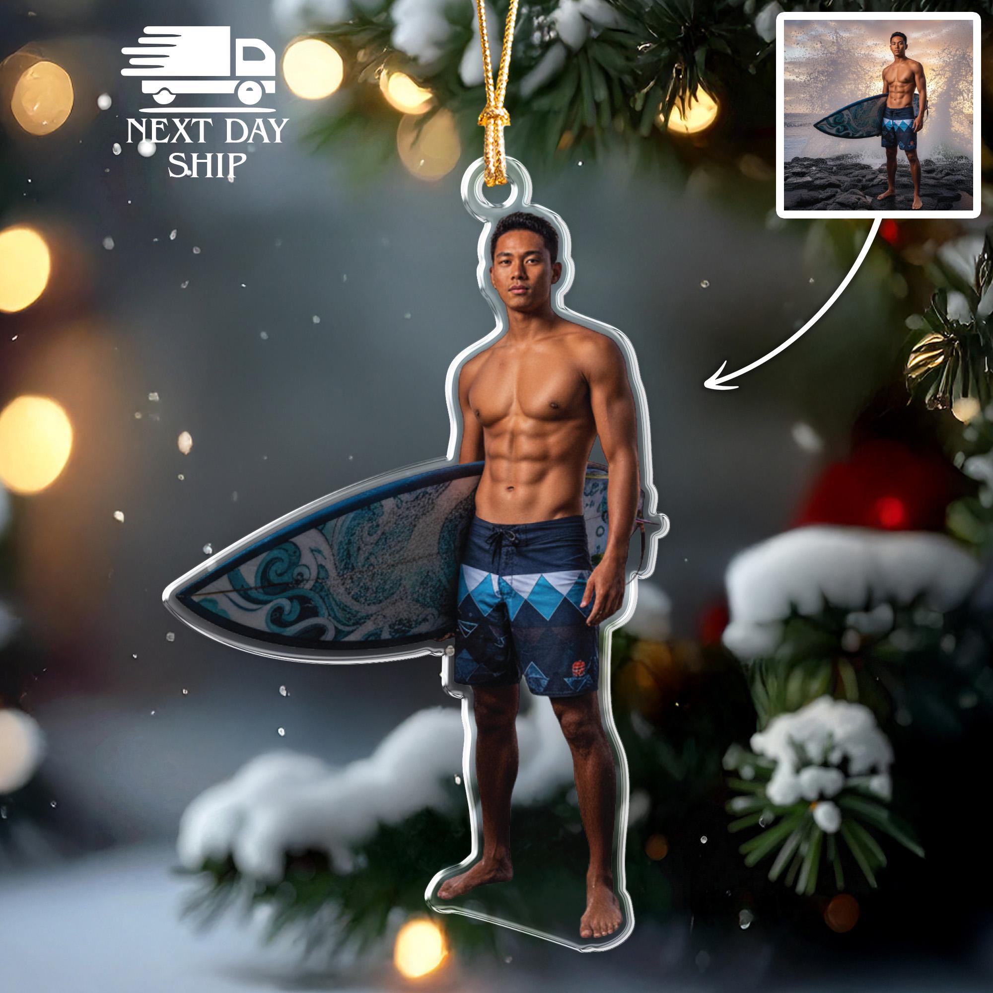 Custom Surfer Ornament, Surf Lover Christmas Ornament, Acrylic Summer Ornament, Holiday Gift for Surfer, Hobby and Sports Ornaments