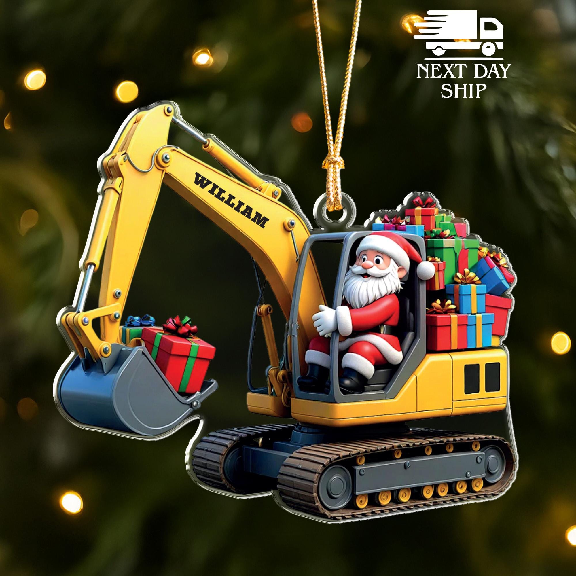 Santa on Excavator Ornament, Personalized Name Acrylic Christmas Ornament, Construction Worker Gift, Custom Builder Holiday Decoration