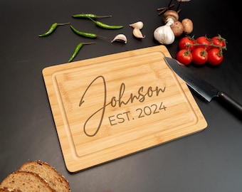 Custom Name Bamboo and Walnut Cutting Board with Family Name, Newlywed Couple Gifts, Housewarming Gifts, Custom Engraved Kitchen Board Gift