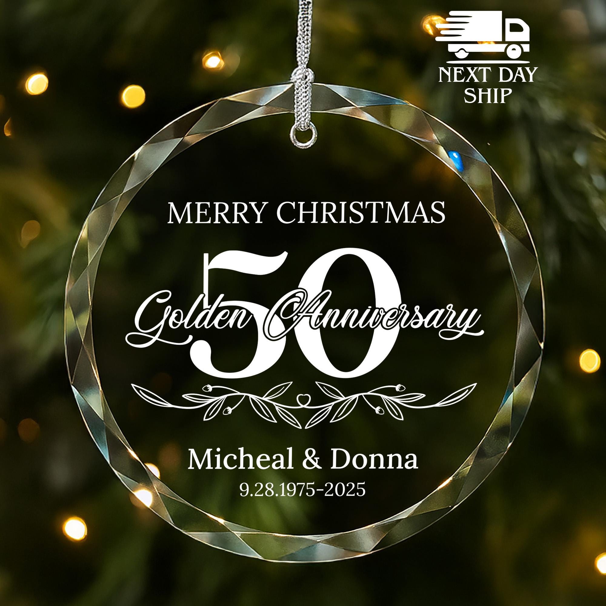 50th Golden Anniversary Ornament 2025, Personalized Gift for Parents, Custom Names Keepsake for Couple, Ceramic Glass Heart Decor Gifts