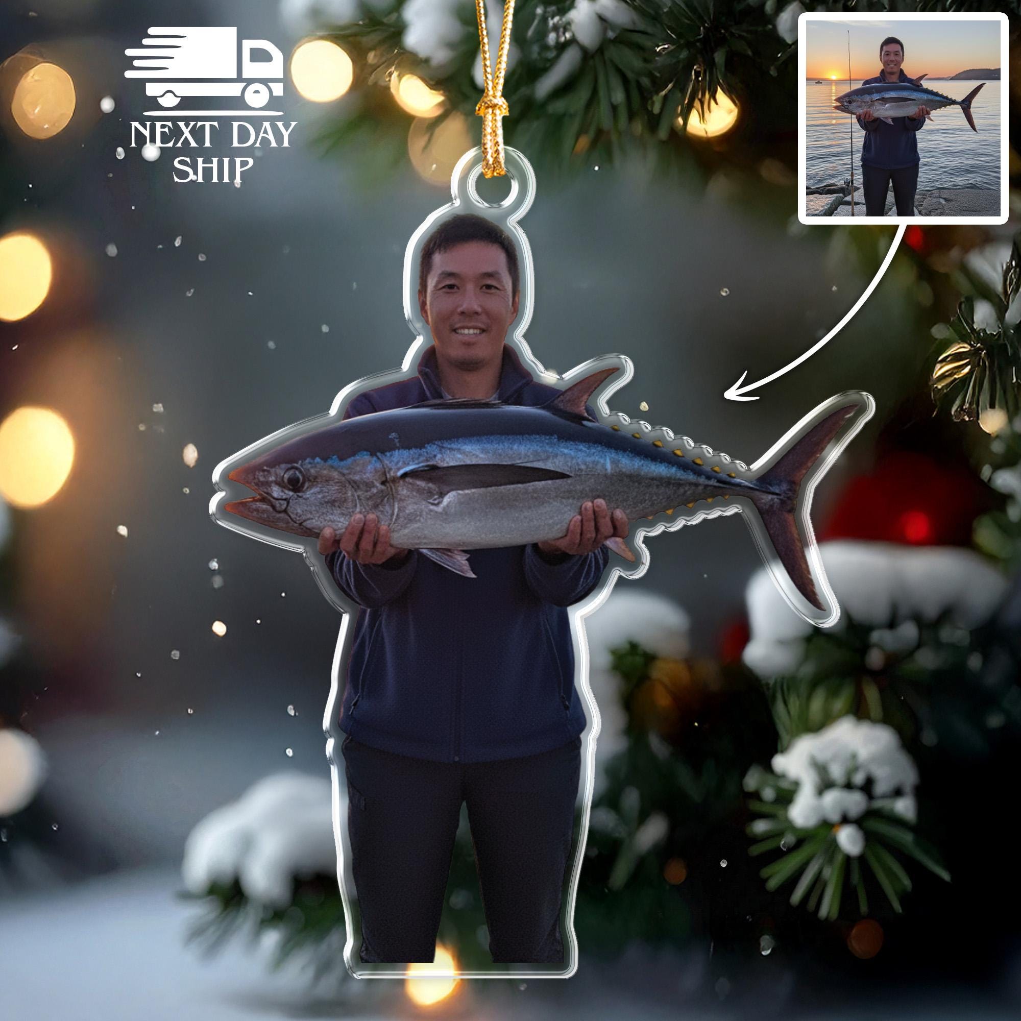 Custom Fishing Photo Ornament, Personalized Fisherman Gift, Family Fishing Trip Keepsake, Custom Acrylic Cutout Ornament, Outdoor Lover Gift