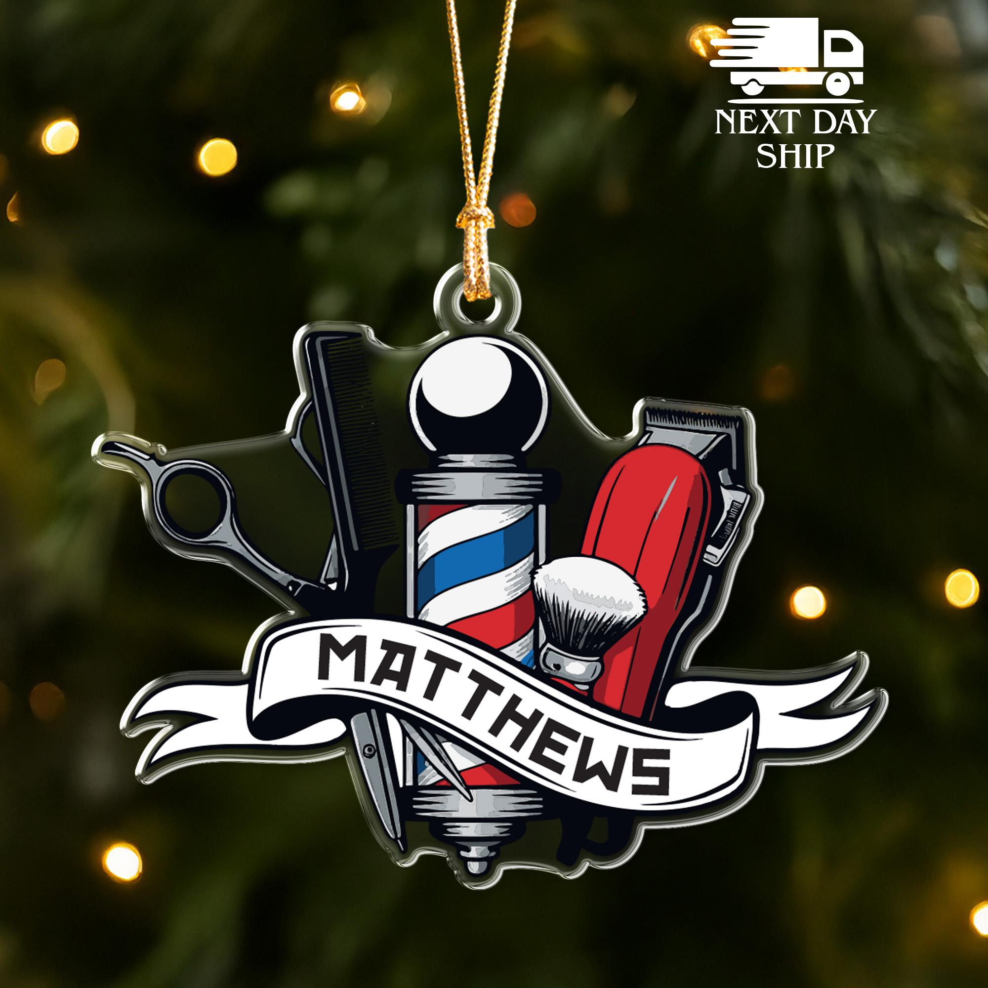 Personalized Retro Barber Ornament, Custom Name Acrylic Ornament for Barbershop, Hair Stylist Gift, Barber Pole Christmas Decoration