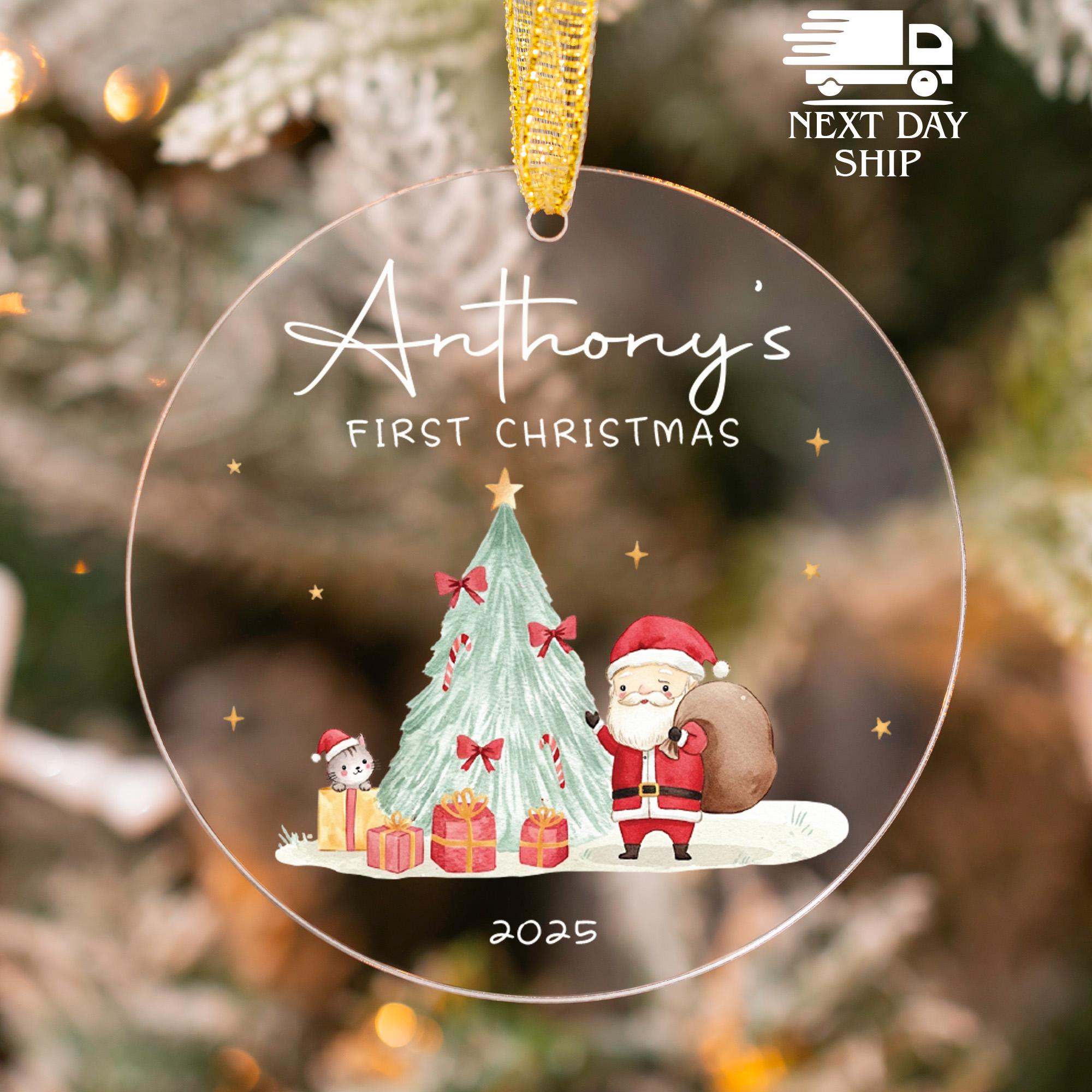 Little One First Christmas Ornament, Ornament With Santa and Christmas Tree, Baby Name Ornament, Custom Christmas Ornament, Newborn Gift