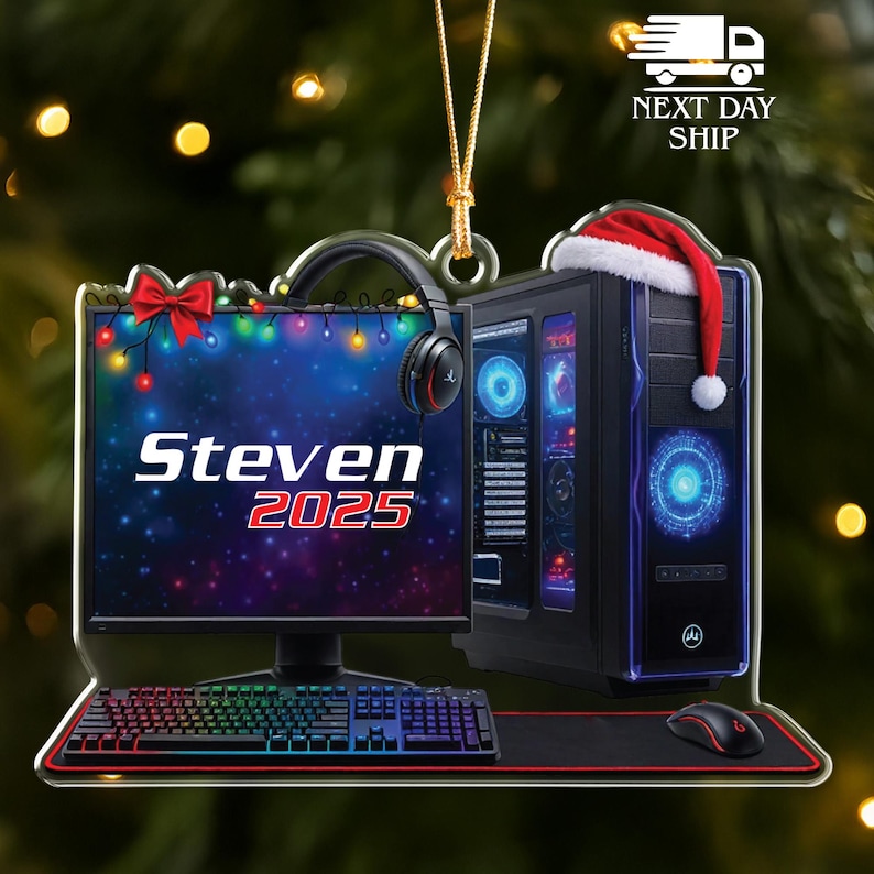 Custom Gaming Setup Ornament, PC Gamer Ornament, Christmas Computer Keepsake, RGB Desktop Ornament, Streamer Christmas Gift, Video Game Gift bild 1