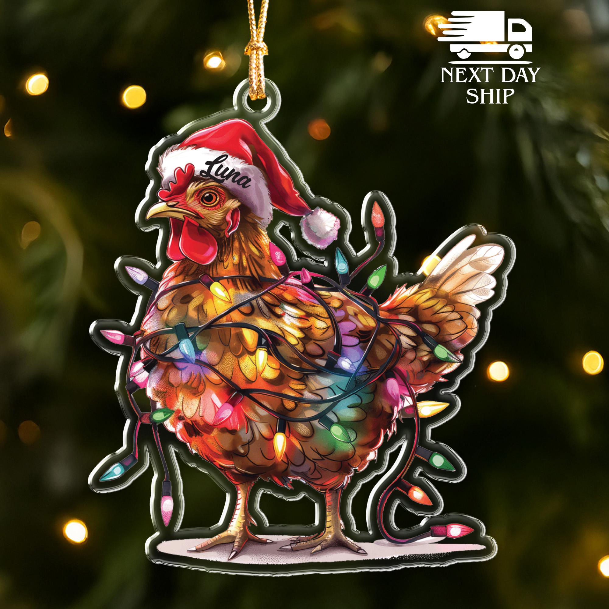 Personalized Chicken Ornament, Custom Name Acrylic Christmas Ornament, Farm Animal Holiday Decoration, Funny Hen Santa Hat Gift for Farmer