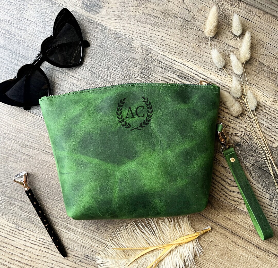 Personalized Womens Cosmetic Bag, Leather Makeup Bag, Womens Toiletry Bag, Custom Leather Makeup