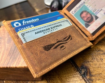American Flag Wallet, Personalized Memorial Day Gift Wallet, Custom Wallet, Veterans Day Wallet, Leather Mens Wallet, Leather Card Wallet