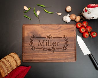 Personalized Bamboo Cutting Board, Custom Name Walnut Cutting Board with Family Name, Newlywed Couple Gifts,  Custom Engraved Kitchen Board