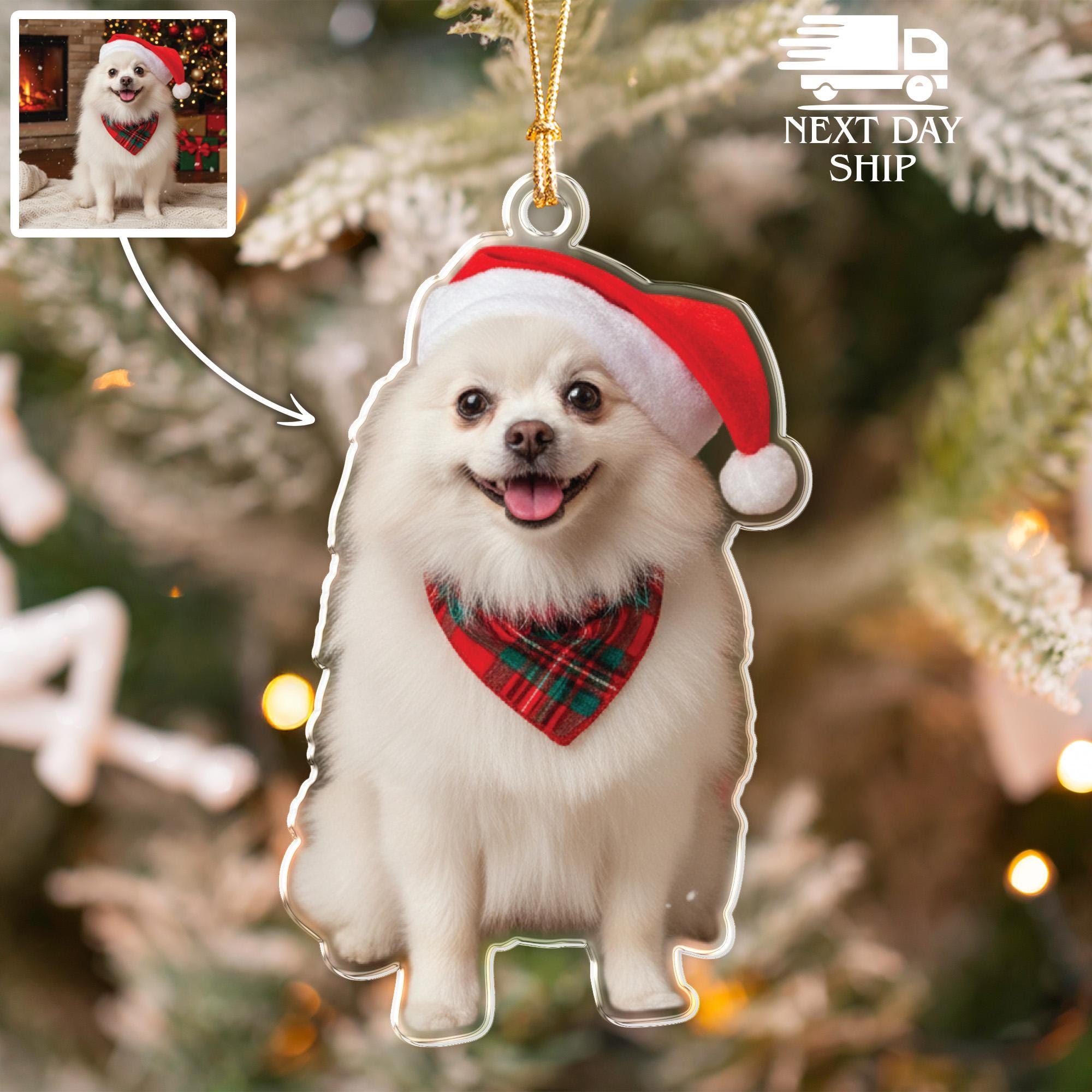 Santa Hat Dog Photo Ornament, Personalized Pet Christmas Keepsake, Acrylic Tree Decor, Dog Owner Cutout Acrylic Ornament, Cute Dog Keepsake
