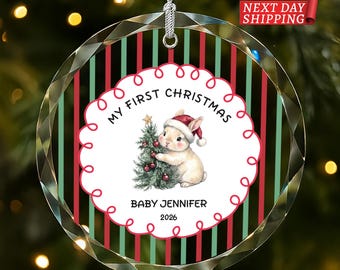 Personalized Baby First Christmas Ornament, Bunny Christmas Keepsake, Custom Name & Year Glass Ornament, Newborn Holiday Gift