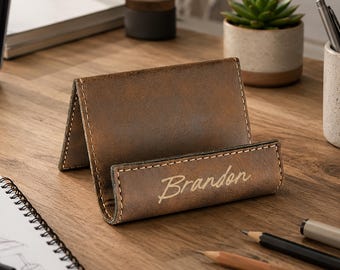 Personalized Laser Engraved Leatherette Phone Holder, Custom Desk Phone Stand, Fathers Day Gift for Dad, Bulk Office Gift