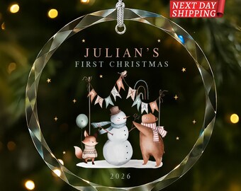 Baby’s First Christmas Ornament, Personalized Name Keepsake, Cute Woodland Snowman Holiday Decor, New Baby Christmas Gift