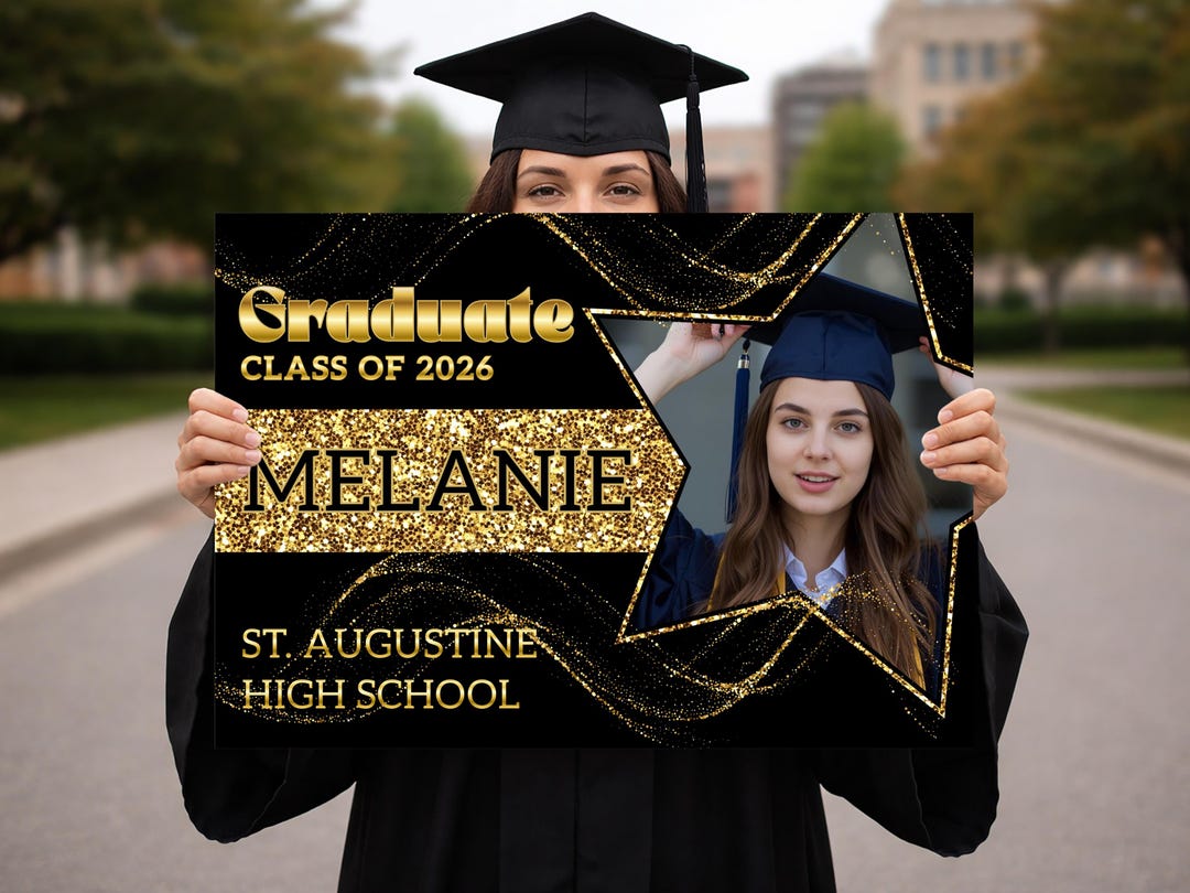 Personalized Graduation Yard Sign With Photo, Black Gold Star ...