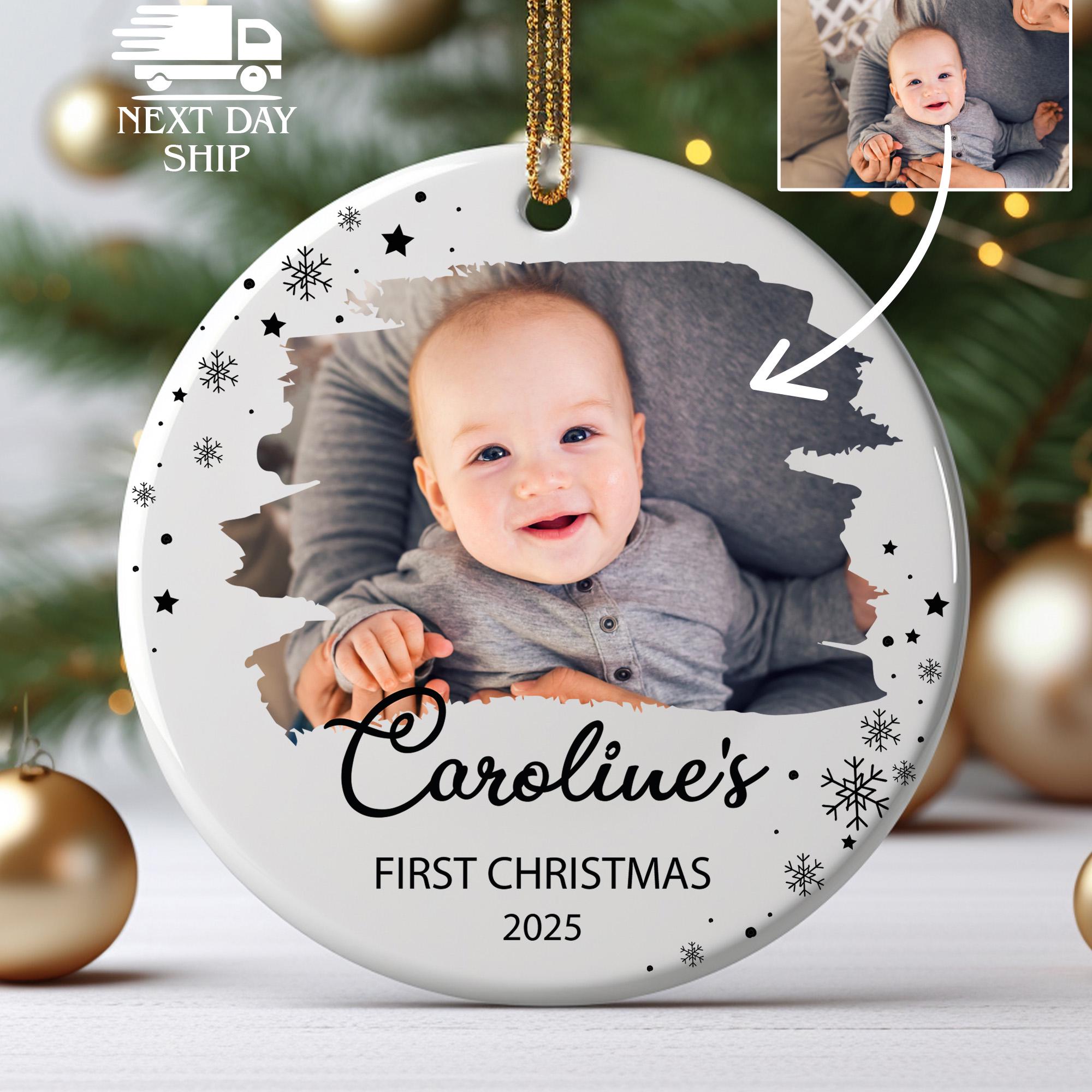Custom Baby Name and Picture Christmas Keepsake, Personalized First Christmas Ornament, Baby Boy Girl Newborn Gift, Acrylic Ceramic Glass