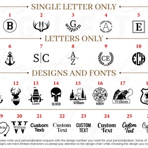 May include: A chart with 26 different design options for personalized items. Each design is numbered and includes a sample name or initials. The designs include a variety of styles, such as anchors, deer, skulls, and fire department emblems. The chart also includes options for custom text.