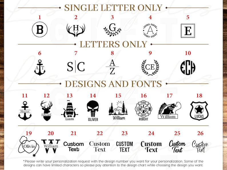 May include: A chart with 26 different design options for personalized items. Each design is numbered and includes a sample name or initials. The designs include a variety of styles, such as anchors, deer, skulls, and fire department emblems. The chart also includes options for custom text.