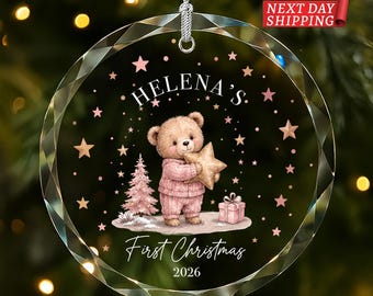 Personalized First Christmas Bear Ornament, Baby Girl Christmas Keepsake, Custom Name & Year Acrylic Ornament, Newborn Christmas Gift