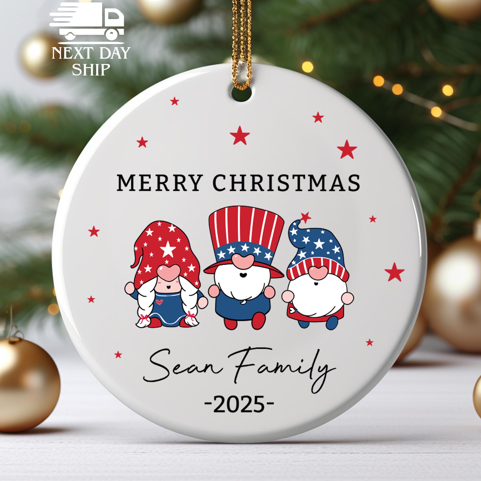 Patriotic Gnome Family Ornament 2025, Merry Christmas Personalized Ornament, Custom Family Name Ornament, Red White Blue Holiday Decor