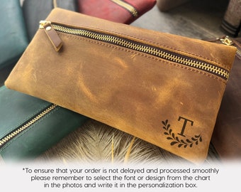 Personalized Leather Zipper Pouch: Monogram Clutch, Makeup Brush Holder