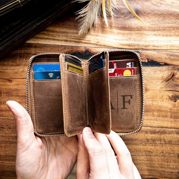 Personalized Leather Women Wallet, Engraved Zip Around Wallet, Custom Wallet Gift For Women, Monogrammed Zipper Wallet, Front Pocket Wallet