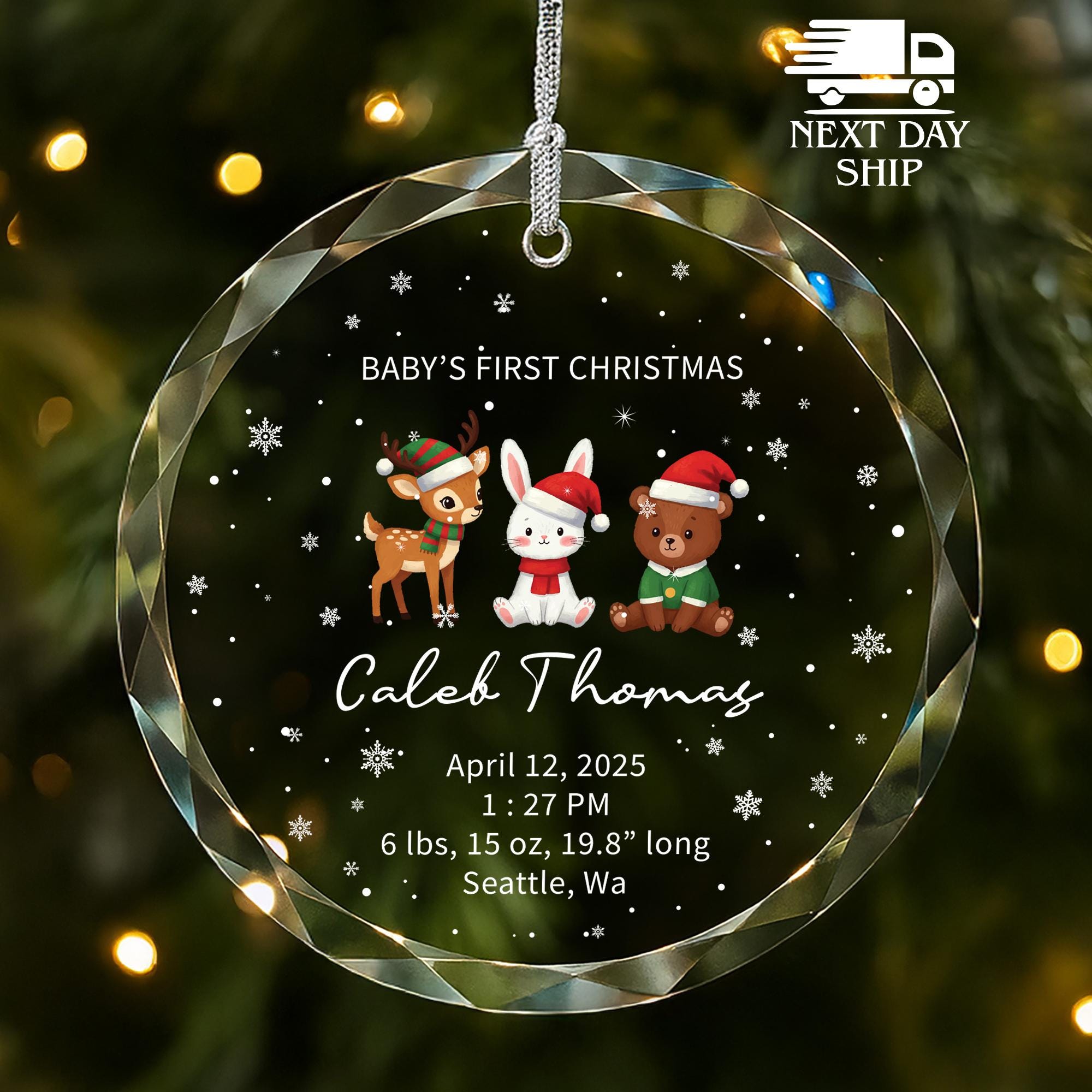 Baby First Christmas Ornament, Baby Birth Details Ornament, Cute Fawn Rabbit Bear Ornament, Nursery Ornament, Baby Birth Date and Stats