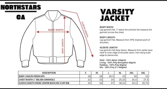 Varsity Jacket Size Chart  Letterman Jacket Size Chart