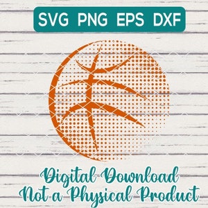 Puede incluir: Gráfico de baloncesto naranja con un patrón de puntos. El gráfico está sobre un fondo de madera blanca. El texto "SVG PNG EPS DXF" está en un rectángulo azul turquesa en la parte superior de la imagen. El texto "Descarga digital No es un producto físico" está en azul turquesa en la parte inferior de la imagen.