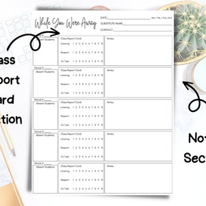 May include: A printable classroom substitute teacher report card. The form includes sections for class report cards, notes, and contact information. The form is designed to help teachers track student behaviour and performance while they are away.
