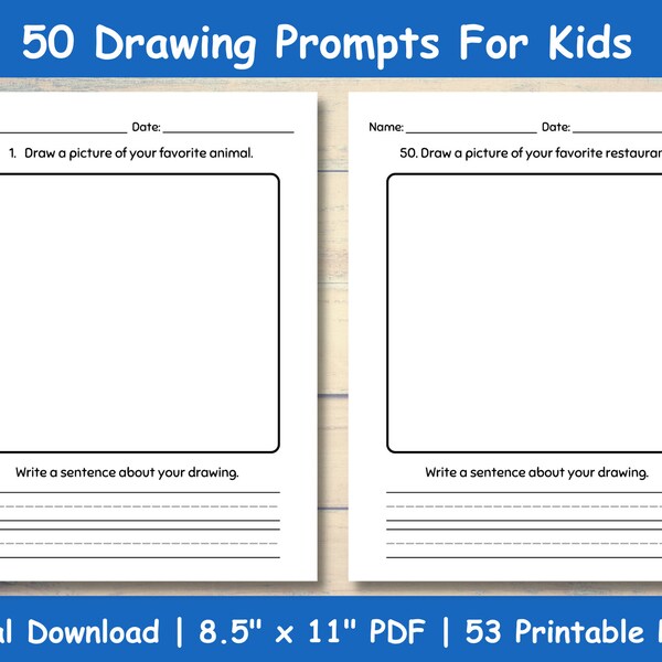 50 Drawing Prompts For Kids|Printable Story Ideas Journal Pages|Creative Writing Worksheets For Kindergarten Preschool Early Elementary