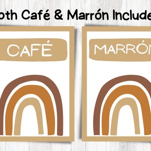 May include: Two printable signs with the words "Cafe" and "Marr&oacute;n" in white text on a brown background. Each sign features a brown, orange, and beige rainbow.