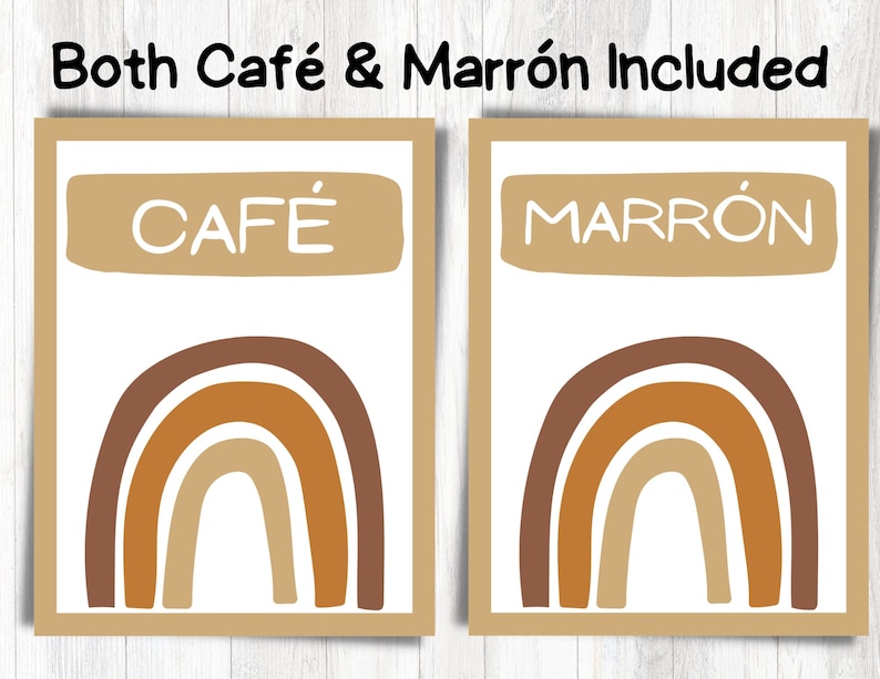 May include: Two printable signs with the words "Cafe" and "Marr&oacute;n" in white text on a brown background. Each sign features a brown, orange, and beige rainbow.