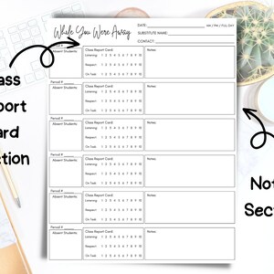 May include: A printable classroom substitute teacher planner with sections for class report cards and notes. The planner has a black and white design with a simple, modern aesthetic.