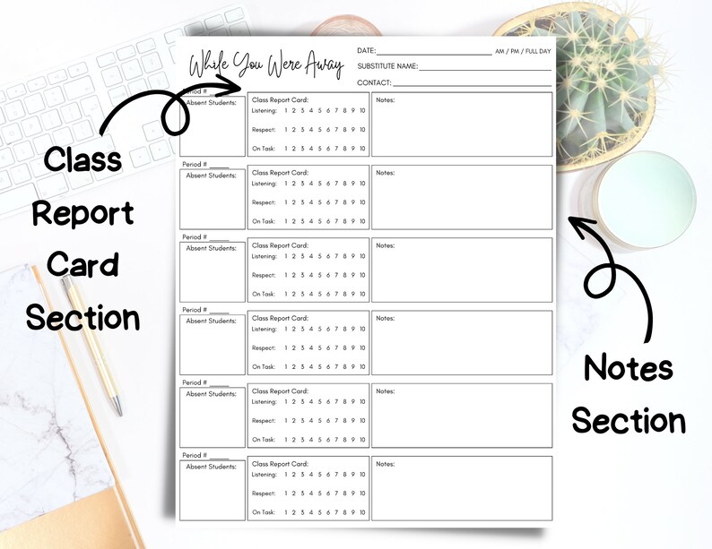 May include: A printable classroom substitute teacher planner with sections for class report cards and notes. The planner has a black and white design with a simple, modern aesthetic.