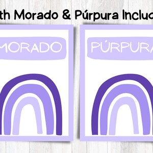 May include: Two printable cards featuring a rainbow design in shades of purple. The text "Morado" and "P&uacute;rpura" is at the top of each card.
