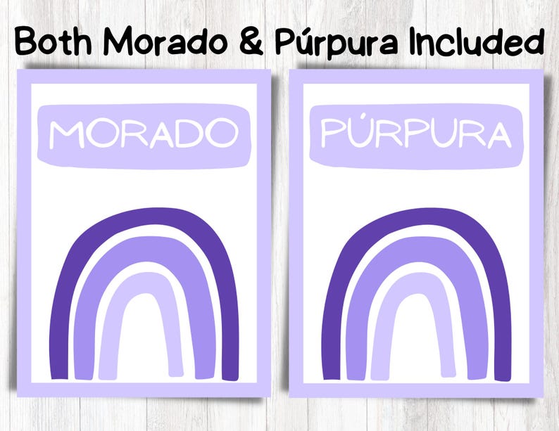May include: Two printable cards featuring a rainbow design in shades of purple. The text "Morado" and "P&uacute;rpura" is at the top of each card.