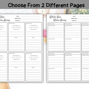 May include: Two printable pages for teachers to use when they are absent. The pages are titled "While You Were Away" and have sections for student notes, lesson notes, overall behaviour, and absent/late information.