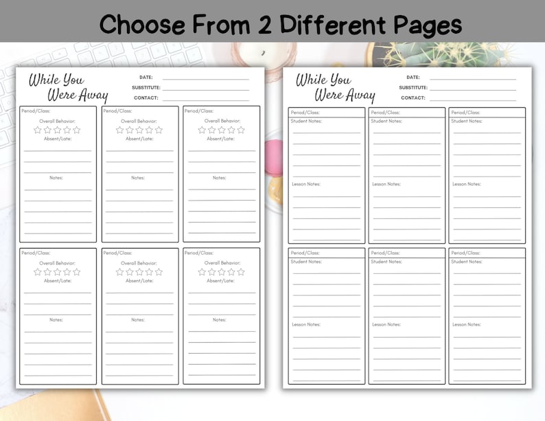 May include: Two printable pages for teachers to use when they are absent. The pages are titled "While You Were Away" and have sections for student notes, lesson notes, overall behaviour, and absent/late information.