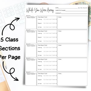 May include: A printable classroom management sheet titled "While You Were Away". The sheet is divided into five sections, each with headings for "Period #", "Absent Students", "Class Report Card", and "Notes". Each section has a grid for recording student behaviour in categories such as "Listening", "Respect", and "On Task".
