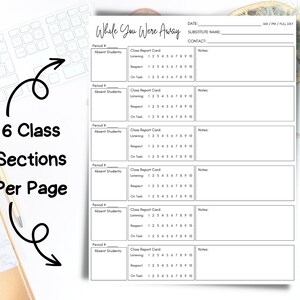 May include: A printable classroom substitute teacher log with six sections for different class periods. Each section includes space for the period number, absent students, a class report card with categories for listening, respect, and on-task behavior, and notes.
