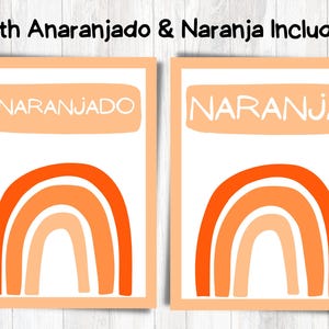 May include: Two printable cards featuring an orange and peach rainbow design. The text "ANARANJADO" and "NARANJA" is on each card.