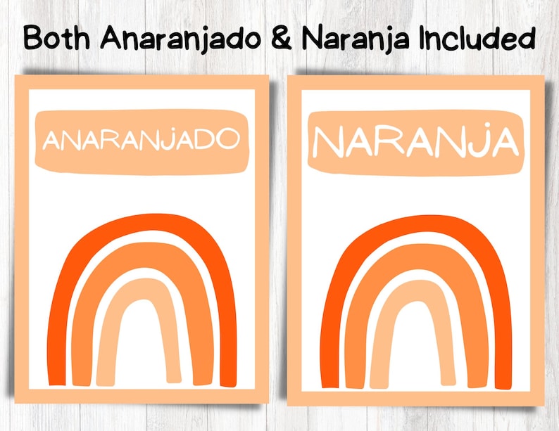 May include: Two printable cards featuring an orange and peach rainbow design. The text "ANARANJADO" and "NARANJA" is on each card.