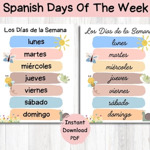 May include: Two educational posters in Spanish, displaying the days of the week. Each day is written on a pastel-coloured banner with illustrations of a sun, butterfly, bee, and bird. The text "Spanish Days Of The Week" is at the top of the posters.