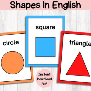 May include: Three flashcards with different shapes: a circle, a square, and a triangle. Each card has the name of the shape written in black text and a colored outline of the shape.
