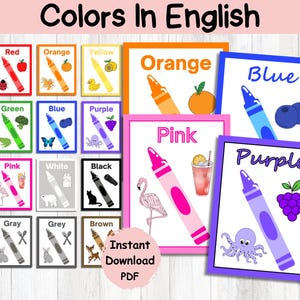 Crayon Color Posters English Print Cursive|Classroom Decor|Preschool Elementary School Posters|Basic Colors Printable Set|Colorful Classroom